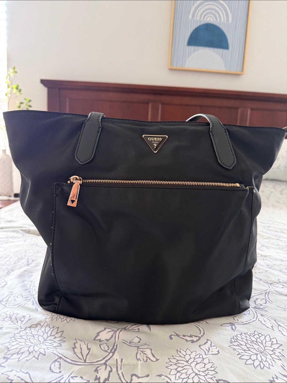 GUESS Black Nylon Tote with Front Zip Pocket and Gold Hardware